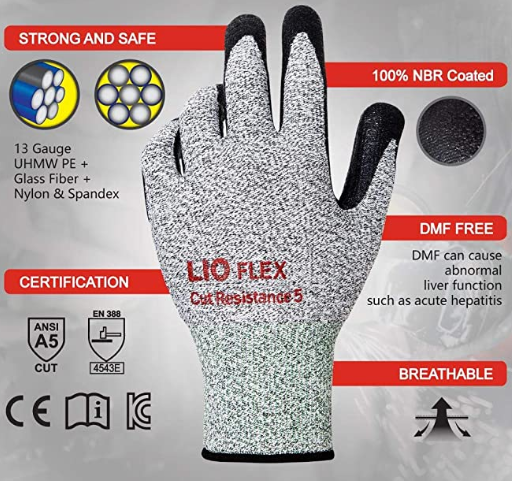 LIO FLEX Level 5 Cut Resistance NBR Foam Coated Work Gloves